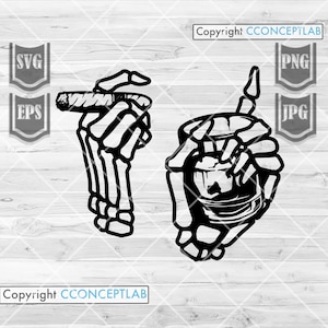 May include: Two black skeletal hands, one holding a lit cigarette and the other holding a glass of whiskey. The image is in a black and white style.