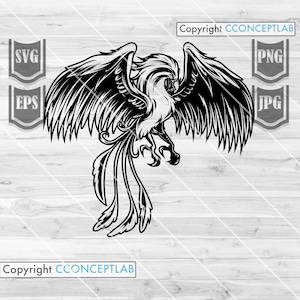 Phoenix svg | Pochoir de créature mythique | Mystical Bird Cutfile | Être céleste Clipart | Chemise de dragon de feu forte png | Animal mystère dxf