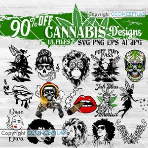 Könnte beinhalten: Ein Set digitaler Designs zum Thema Cannabis. Das Bild zeigt Illustrationen eines Schädels, Lippen, eines Löwen und eines Affen, zusammen mit Texten wie "90% OFF CANNABIS Designs" und "Dope". Verfügbar in SVG-, PNG-, EPS-, AI- und JPG-Formaten.