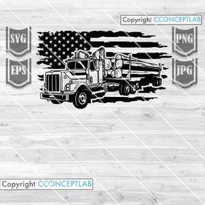 May include: Black and white illustration of a semi-truck hauling logs, with an American flag background. The truck is driving to the right. The words "SVG", "EPS", "PNG", and "JPG" are in the corners of the image.