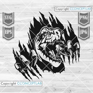 May include: Black and white illustration of a dinosaur head and claws breaking through a wall. The dinosaur is roaring with its mouth open and teeth showing. The claws are sharp and pointed.