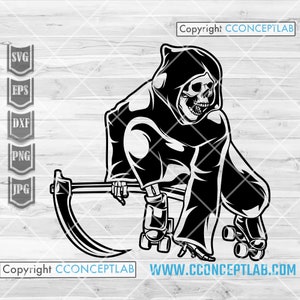 Liemannen svg | Grim Skull Rollerblades svg | Reaper Clipart | Halloween-tröja png | Dödsklippfil | Liestencil | Obehaglig läskig skridskoåkning