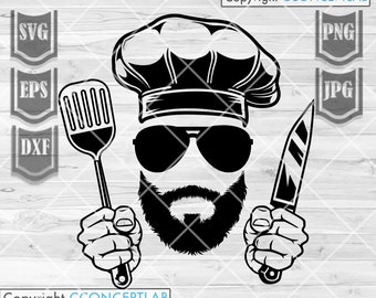 Uomo con barba Chef svg / Papà che cucina T-shirt Design Idea regalo png / Grillers Clipart / Capo cuoco Cappello File di taglio / Chef Life Stencil / Grigliare dxf