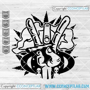 Op de afbeelding: Zwart-witte illustratie van een hand die een vredesteken maakt met marihuanabladeren en een derde oogsymbool op de achtergrond. De tekst "Copyright CONCEPTLAB" staat bovenaan de afbeelding.