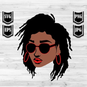 May include: A vector graphic of a woman's face with black hair, red sunglasses, and red hoop earrings. Her lips are red. The image includes the text "SVG", "EPS", "PNG", and "JPG" in black and white.