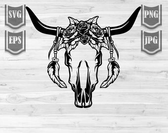 Buffalo Skull svg | Floral Longhorn Clipart | Western Shirt png | Rodeo Cutfile | Hunter Dad Gift Idea | Flower Skull dxf | Dry Land Animal