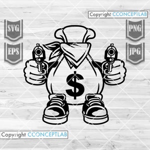 Money Bag Gangster with Hand Guns svg / Mafia Man Clipart / US Dollar Sign Cut File / Hipster Stencil / Hooligan dxf / Robbery T-shirt png