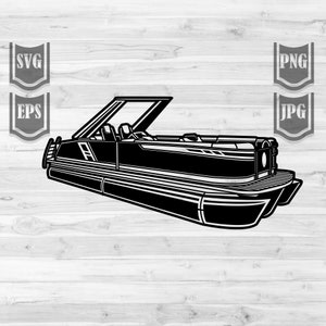 May include: Black and white silhouette of a pontoon boat with a canopy top. The boat has a bench seat and a steering wheel.