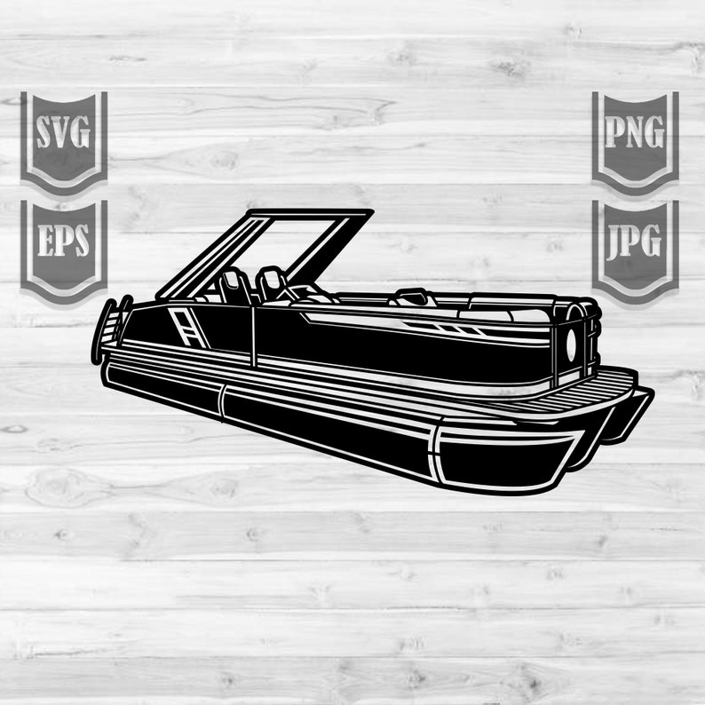 May include: Black and white silhouette of a pontoon boat with a canopy top. The boat has a bench seat and a steering wheel.
