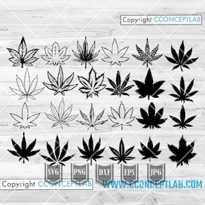 Könnte beinhalten: Eine Sammlung von Cannabisblatt-Designs in verschiedenen Stilen, einschließlich Umrissen und schwarzen Silhouetten. Das Bild enthält den Text "Copyright CCONCEPTLAB" und Dateityp-Indikatoren wie "SVG", "PNG", "DXF", "EPS" und "JPG". Die Website-Adresse "WWW.CCONCEPTLAB.COM" ist ebenfalls sichtbar.
