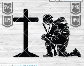 Memorial Svg / Soldado arrodillado ante la cruz Svg / Soldado caído Svg / Memorial / Soldado arrodillado rezando / Marina Svg / Veterano Svg / Ejército Svg