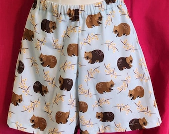 Handmade Kids Cotton Shorts, Wombat Print, Gender Neutral