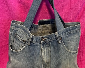 Large denim shoulder tote bag, up-cycled repurposed jeans.