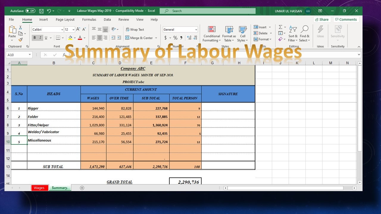 Excel Salary Calculator Excel Template Manhours, Labour Wages, Overtime