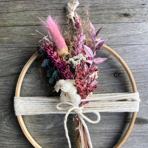 Wall decoration: wooden ring with a bouquet of dried flowers, window decoration for hanging, bouquet in a ring, hanging, bamboo ring, violet pink image 1