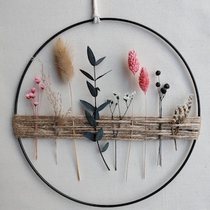 Spring is coming: dried flower wreath, black metal ring with dried flowers & eucalyptus branch, window decoration for hanging, boho decoration trend
