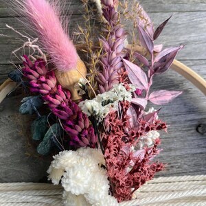 Wall decoration: wooden ring with a bouquet of dried flowers, window decoration for hanging, bouquet in a ring, hanging, bamboo ring, violet pink image 3