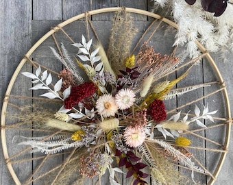Pastelltöne: außergewöhnliche Herbstdeko, Bambus-Ring mit Trockenblumen, Wanddeko, Durchmesser 26 - 40 cm, Frühlingsdekoration,
