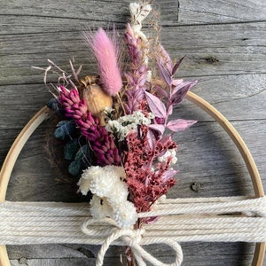 Wall decoration: wooden ring with a bouquet of dried flowers, window decoration for hanging, bouquet in a ring, hanging, bamboo ring, violet pink image 2