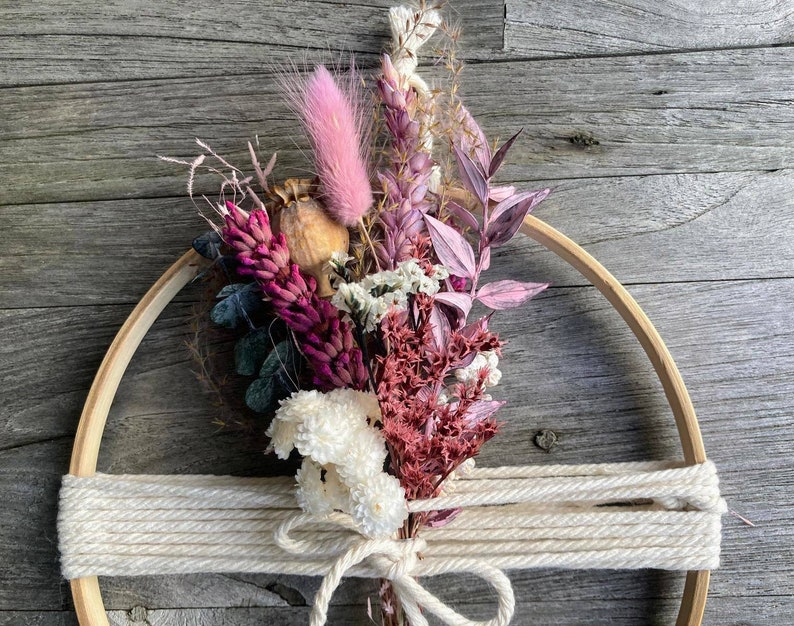 Wall decoration: wooden ring with a bouquet of dried flowers, window decoration for hanging, bouquet in a ring, hanging, bamboo ring, violet pink image 2
