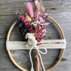 Wall decoration: wooden ring with a bouquet of dried flowers, window decoration for hanging, bouquet in a ring, hanging, bamboo ring, violet pink image 4