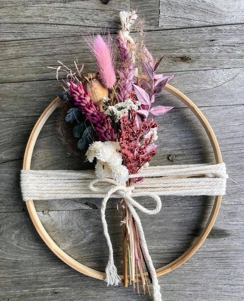 Wall decoration: wooden ring with a bouquet of dried flowers, window decoration for hanging, bouquet in a ring, hanging, bamboo ring, violet pink image 4