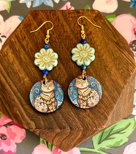 Lapis Lazuli Cat Earrings: Czech Glass Daisies, Handmade Wood Charms