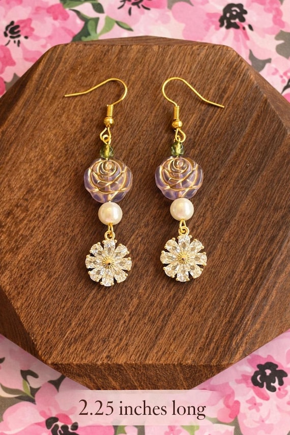 Golden Rose Dangle Earrings • Pearl Crystal Floral Jewelry (2.25 inches)
