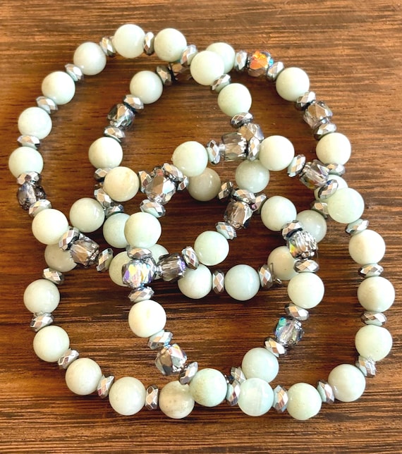 Gemstone Bracelet - Amazonite / Hematite Crystal Healing, Spring Vibe