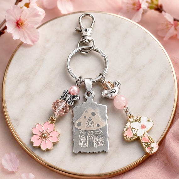 Cherry Blossom Mushroom Cottage Keychain | Pink Jade Gemstone Charm | Fairycore Enchanted Bag Charm | Whimsical Spring Gift