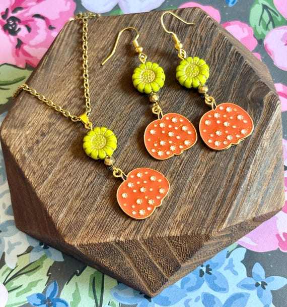 Pumpkin Spice Earrings and Necklace Set: Czech Glass Sunflowers, Hematite, Enamel