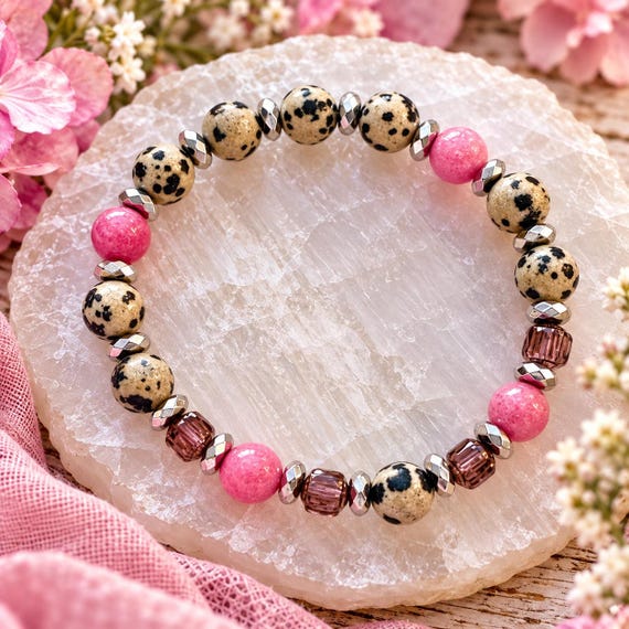 Pink Confetti Wishes Gemstone Bracelet | Dalmatian Jasper & Cherry Jade | Pink Crystal Bracelet | Handmade Artisan Jewelry