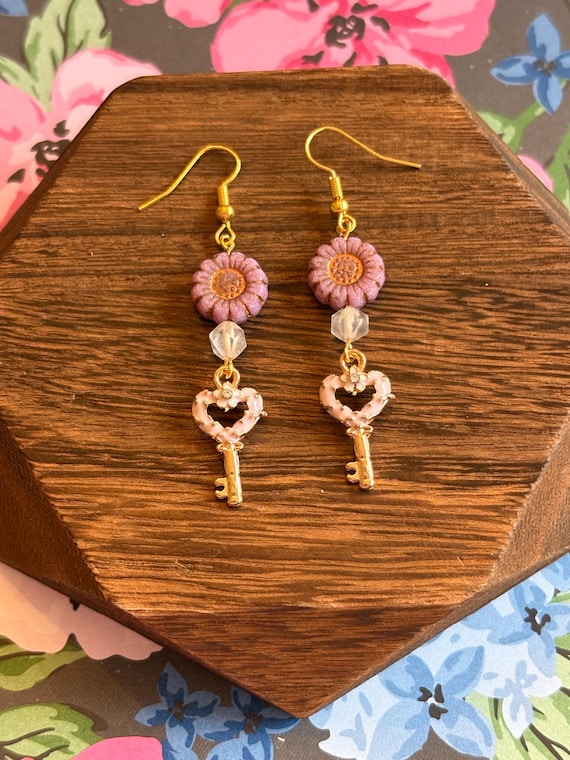 Heart Key Bloom Earrings, Star Cut Rose Quartz, Sunflower Czech Glass, Gold Hypoallergenic Earrings, Pink Blue or Purple Floral Jewelry