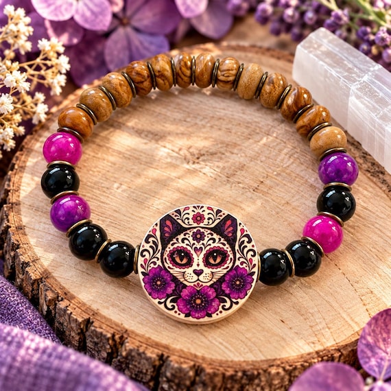 Sugar Whiskers Enchantment Gemstone Bracelet, Sugilite Black Onyx Petrified Wood, Sugar Skull Cat Bracelet, Purple Cat Jewelry
