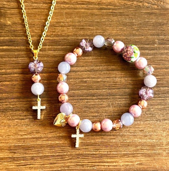 Gemstone Bracelet / Pendant Necklace - Hematite / Lepidolite Crystal Healing, Mom’s Garden of Faith and Love