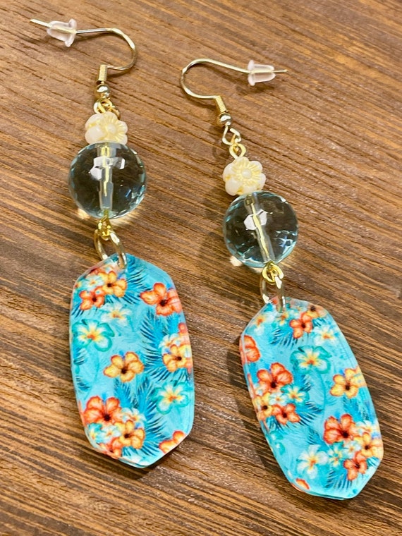 Gemstone Earrings - Aquamarine Quartz Crystal Healing, Tropical Floral