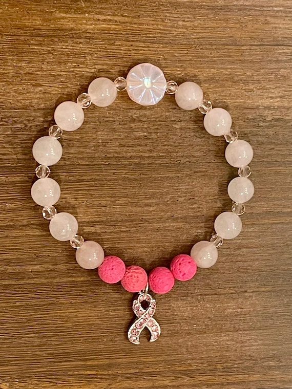 Essential Oil Diffuser / Gemstone Bracelet - Lava Stone / Rose Quartz Crystal Healing Bracelets, Breast Cancer Awareness Jewelry