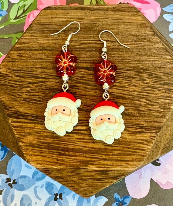Santa Christmas Earrings: Czech Glass Red Flowers, Hematite Charms