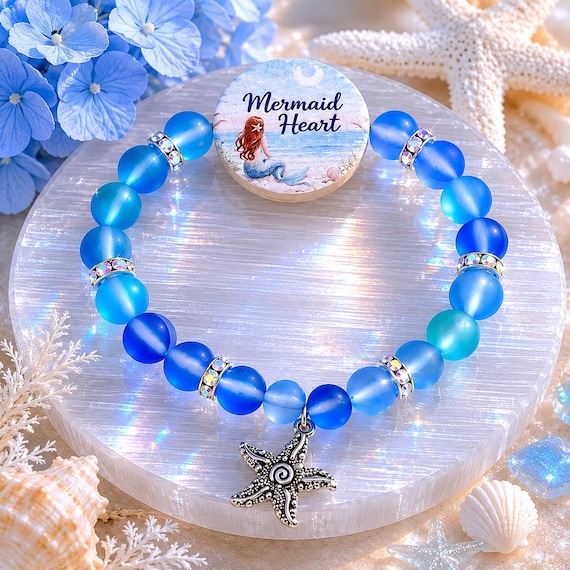 Mermaid Heart of the Sea Bracelet • Jersey Shore Collection • Mystic Aura Quartz Gemstone Bracelet • Starfish Charm Coastal Jewelry