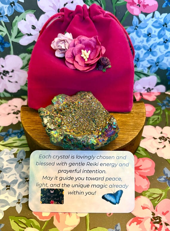 Rainbow Aura Amethyst Cluster | Reiki Blessed Crystal Gift with Flower Pouch