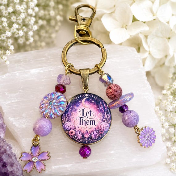 Let Them Bloom Gemstone Charm | Inspirational Bag Charm | Lepidolite & Amethyst Keychain | Purple Chalcedony | Handmade Artisan Gift