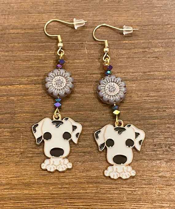Gemstone Earrings - Titanium Rainbow Hematite Crystal Healing, Cute Pup, Sunflower Jewelry