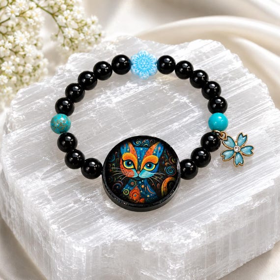 Mystical Meow Gemstone Bracelet – Black Onyx & Turquoise Cat Bracelet – Whimsical Cat Lover Jewelry – Reiki Infused Crystal Bracelet