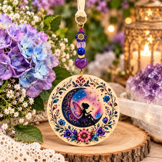 Moonlit Fairy Wishes Ornament, Blue Jade Gemstone Hanging Decor, Celestial Fairy Moon, Enchanted Cottagecore Gift