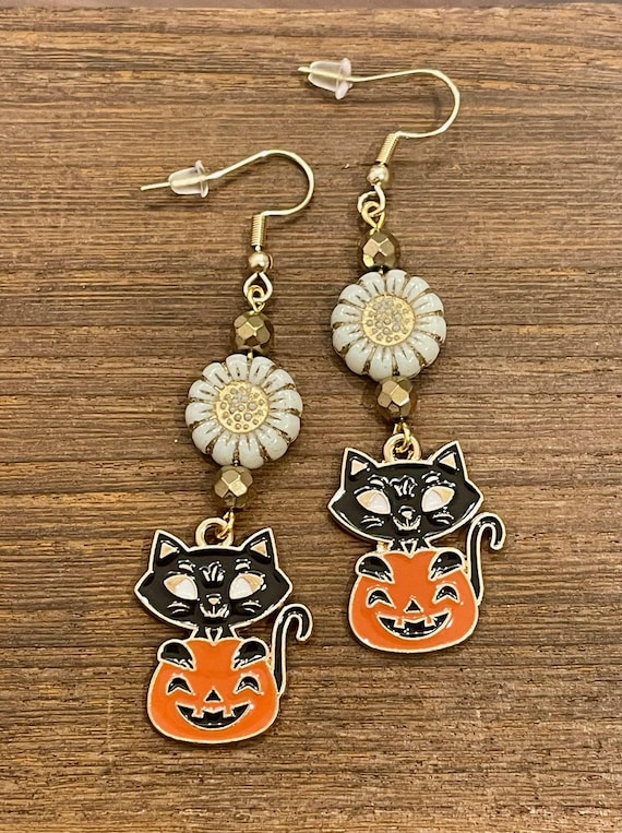Gemstone Earrings - Gold Hematite Crystal Healing, Halloween Cat and Pumpkin, Sunflower Jewelry