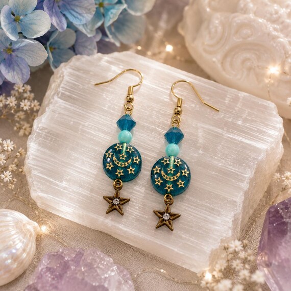 Celestial Alignment Earrings • Apatite Gemstone Moon & Star Earrings • Hypoallergenic Gold Tone 316L Surgical Stainless Steel • Celestial