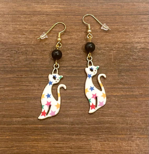 Gemstone Earrings - Black Obsidian Crystal Healing, Colorful Cats