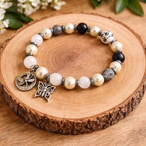Tourmalinated Quartz Bracelet – Silver Hematite, Floral Ceramic, Butterfly Charm