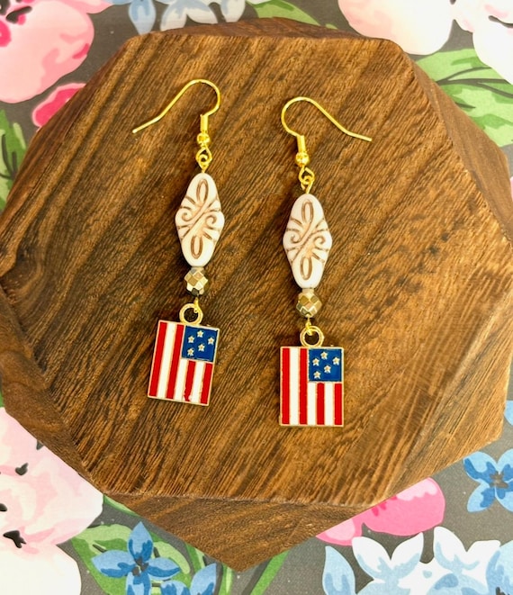 Heritage Shine Dangles – Patriotic Flag Earrings with Gold Hematite & Surgical Steel Earwires