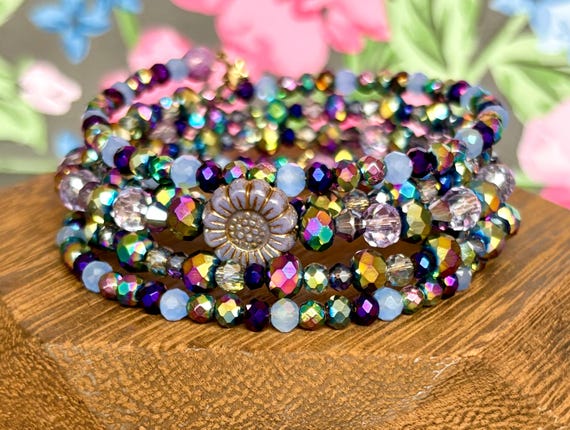 Rainbow Hematite Wrap Bracelet: Czech Glass Flower, Cosmic Boho Jewelry